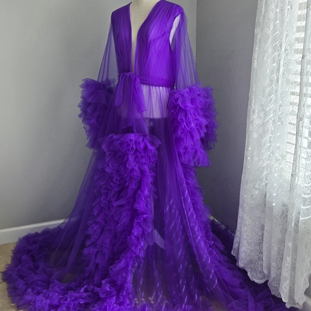 Elegant Purple Sheer Gown with Ruffles